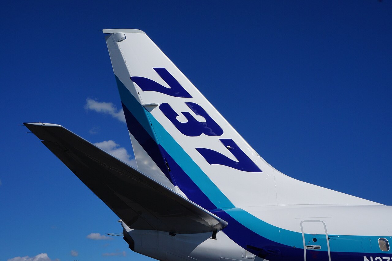 Tail of a Boeing 737-800 showing the fin and horizontal stabilizer